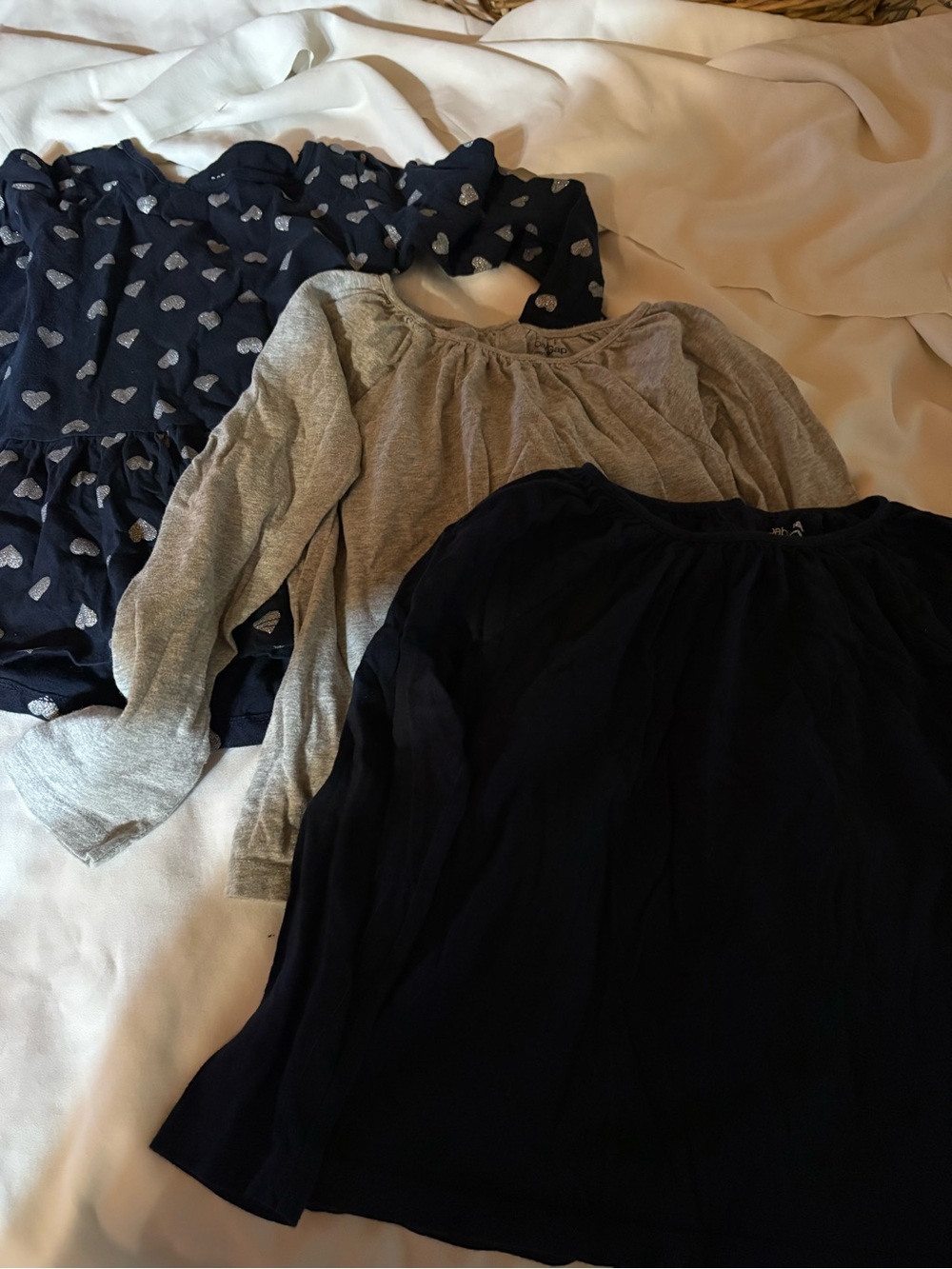 3-Pack Girls Long Sleeve Tops — Navy Heart, Gray & Black